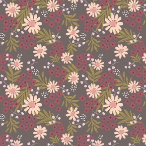 Wildflowers in pink, mauve, pale lavender on Charcoal Gray for Girls Room, Clothing