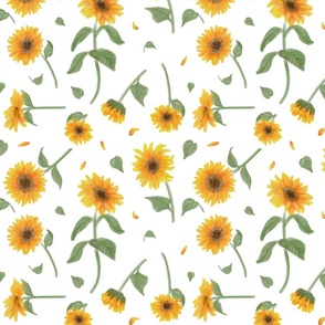 Yellow Sunflower on White Watercolor Marker Style Floral Pattern Large Scale Print