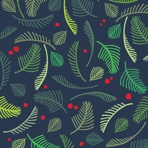 Modern Holiday Branches in Greens on Navy Blue - XL