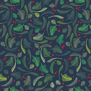 Modern Holiday Branches in Greens on Navy Blue - Large