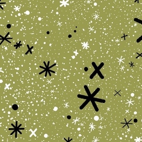 Hand Drawn Starry Sky with White and Black Stars on Olive Green