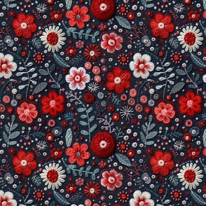 Americana Red White Blue Floral Embroidery - Large Scale