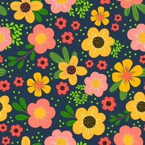 Large Scale Brilliant Summer Flowers in Golden Yellow and Coral on Navy