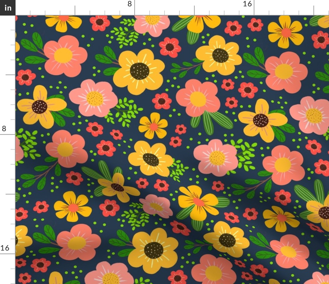 Large Scale Brilliant Summer Flowers in Golden Yellow and Coral on Navy