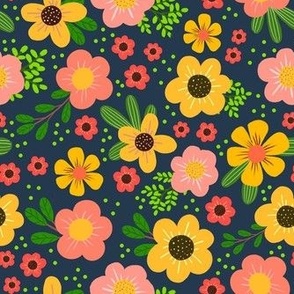 Medium Scale Brilliant Summer Flowers in Golden Yellow and Coral on Navy