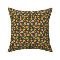 Small Scale Brilliant Summer Flowers in Golden Yellow and Coral on Navy