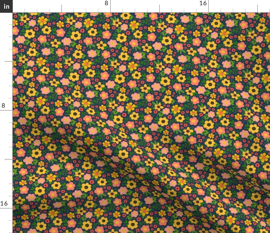 Small Scale Brilliant Summer Flowers in Golden Yellow and Coral on Navy