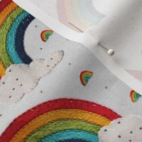 Embroidered Rainbows and Clouds White BG - Small Scale