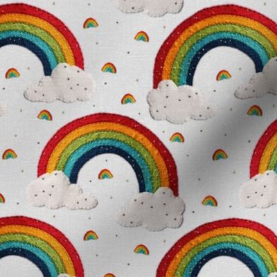 Embroidered Rainbows and Clouds White BG - Small Scale