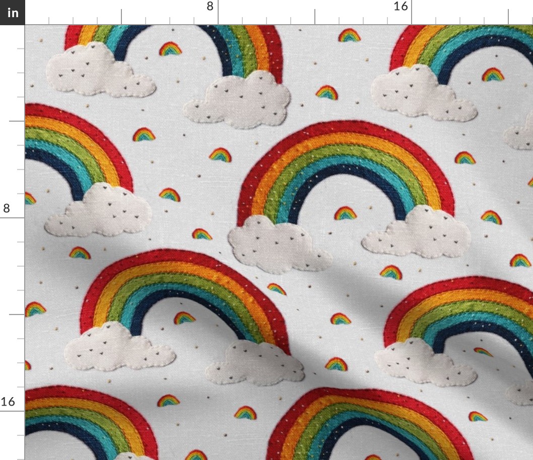 Embroidered Rainbows and Clouds White BG - Large Scale