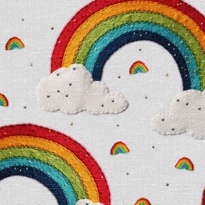 Embroidered Rainbows and Clouds White BG - XL Scale