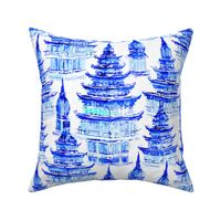 Blue and white chinoiserie pagodas watercolor
