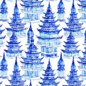 Blue and white chinoiserie pagodas watercolor