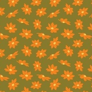 Falling daisy Blooms - vintage olive green and orange