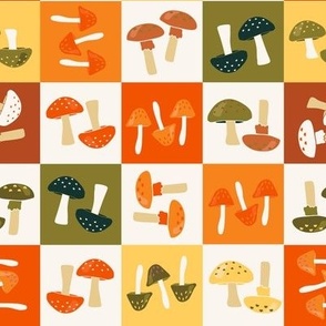 Mushroom fungi checkerboard 90 Checks - Retro olive green, orange