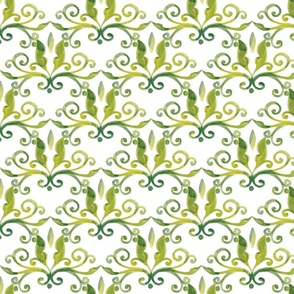 Green Watercolor Flourish Damask on White