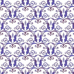 Purple Watercolor Flourish Damask on White