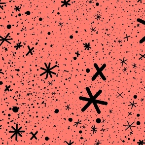 Hand Drawn Starry Sky with Black Stars on Coral