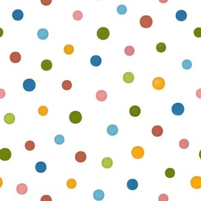 Scattered Rainbow polka dots blender pattern on a white background