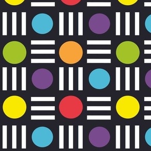 Circular and line Geometric in rainbow colours dots with black dash line on black