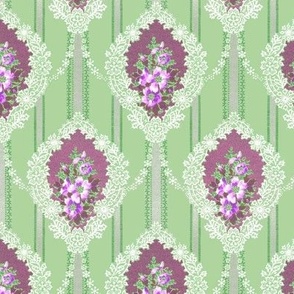 1905 Vintage Floral, Swag, and Stripe Pattern - in Green, Violet, and Pink