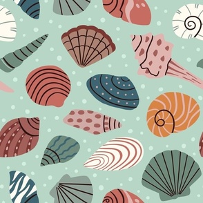 Seashell collection - sea shells doodle pattern - green - medium scale