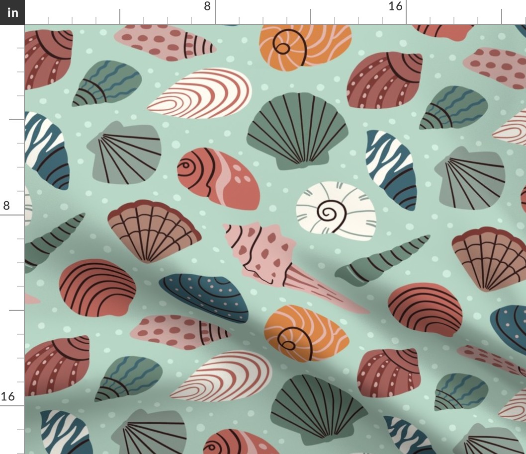 Seashell collection - sea shells doodle pattern - green - medium scale