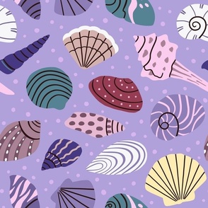 Seashell collection - sea shells doodle pattern - purple and teal - medium scale