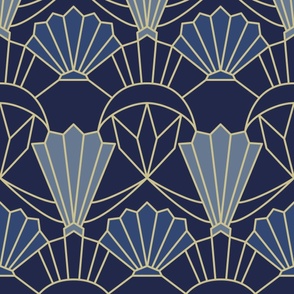 Art Deco shells navy blue - large scale for bedding, wallpaper and curtains