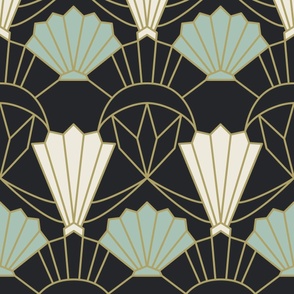 Art Deco shells black and gold - large scale for bedding, wallpaper and curtains