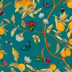 Hummingbirds, lemons and butterflies in teal blue 