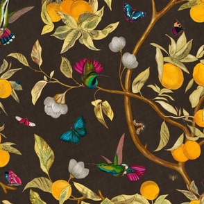 Hummingbirds, lemons and butterflies in brown