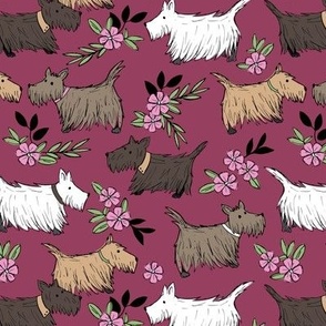 Scottie blossom - Sweet Scottish Terrier dogs and flowers pet garden pink green on burgundy 