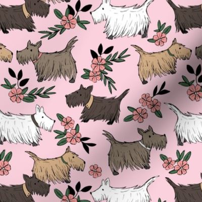 Scottie blossom - Sweet Scottish Terrier dogs and flowers pet garden pink green on soft blush