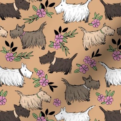 Scottie blossom - Sweet Scottish Terrier dogs and flowers pet garden pink green on burnt orange