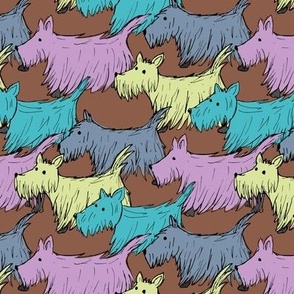 Scottish Terrier friends - Freehand vintage scottie puppies dog lovers groovy retro lilac teal mint on brown