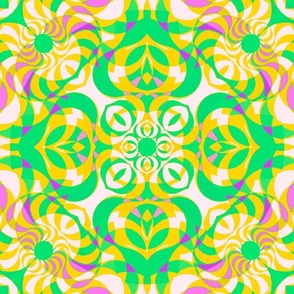 Overlapping Mandalas: Lime, Yellow, and Pink