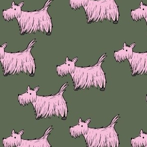 Retro Scotties - Colorful bright groovy style Scottish Terrier dogs pink on deep olive green