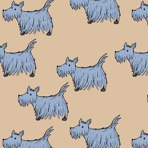 Retro Scotties - Colorful bright groovy style Scottish Terrier dogs blue on tan sand beige