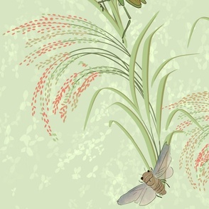 beautiful rice plants, asian-inspired with glasshoppers, butterflies, and cicadas on light green sage - large scale