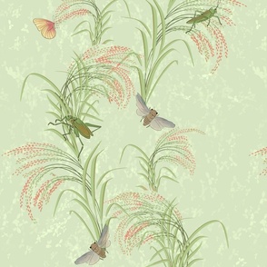 beautiful rice plants, asian-inspired with glasshoppers, butterflies, and cicadas on light green sage - medium scale
