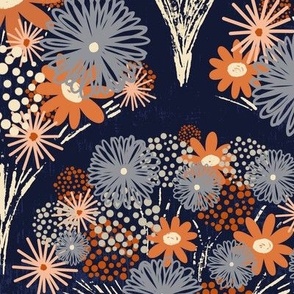 Small || Floral Flower Bouquet Fish Scale in Deep Blue Navy
