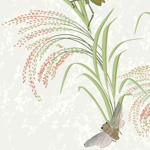 beautiful rice plants, asian-inspired with glasshoppers, butterflies, and cicadas on neutral off-white light grey - large scale