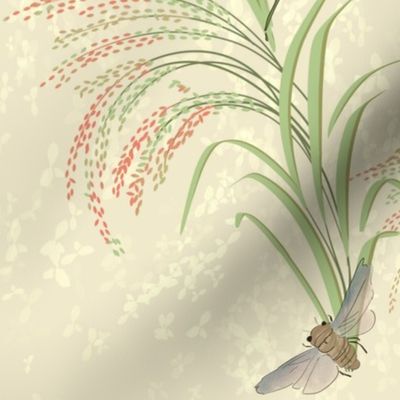 beautiful rice plants, asian-inspired with glasshoppers, butterflies, and cicadas on neutral buff / beige - medium scale