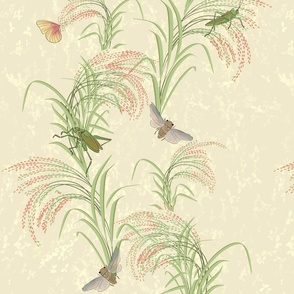 beautiful rice plants, asian-inspired with glasshoppers, butterflies, and cicadas on neutral buff / beige - medium scale