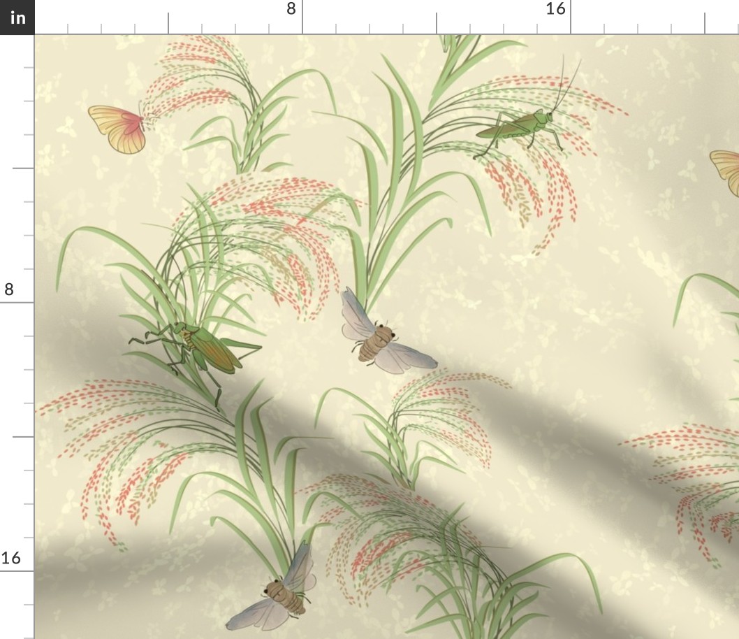 beautiful rice plants, asian-inspired with glasshoppers, butterflies, and cicadas on neutral buff / beige - medium scale