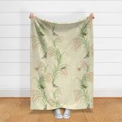 beautiful rice plants, asian-inspired with glasshoppers, butterflies, and cicadas on neutral buff / beige - large scale