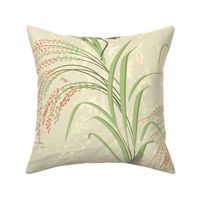 beautiful rice plants, asian-inspired with glasshoppers, butterflies, and cicadas on neutral buff / beige - large scale