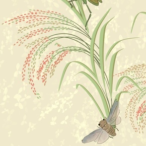beautiful rice plants, asian-inspired with glasshoppers, butterflies, and cicadas on neutral buff / beige - large scale