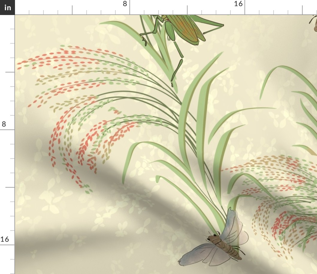 beautiful rice plants, asian-inspired with glasshoppers, butterflies, and cicadas on neutral buff / beige - large scale